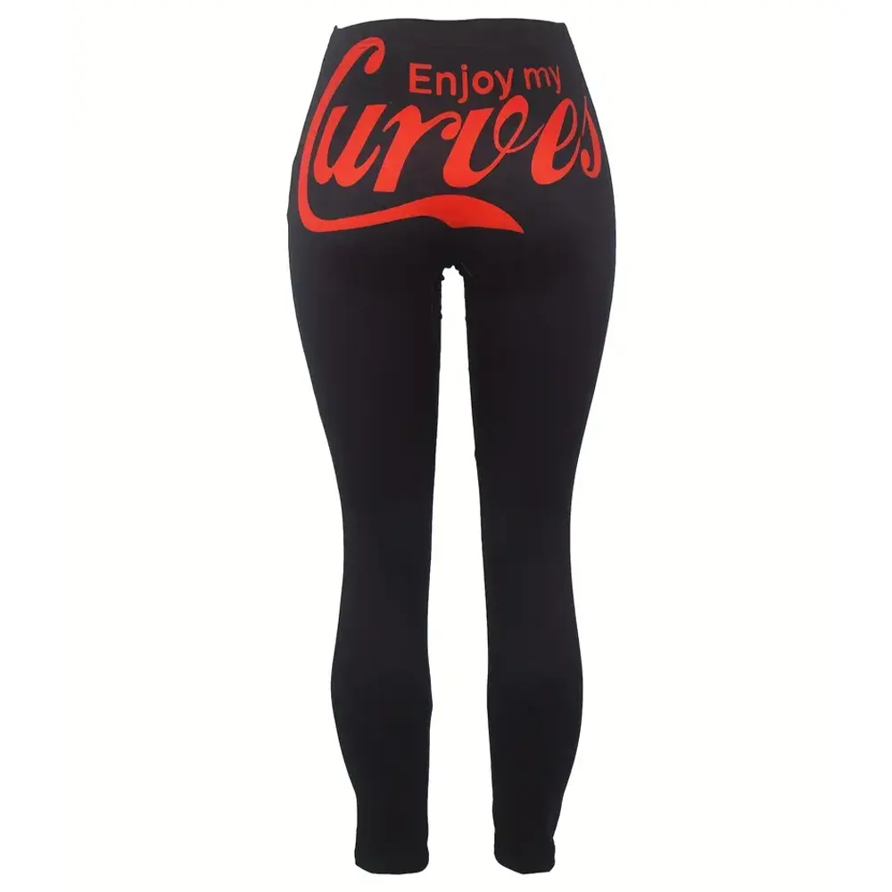 Women's Black Letter Print Skinny Leggings with Enjoy My Curves Legging