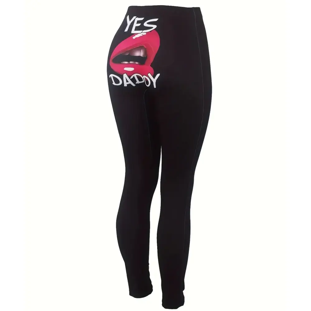 Women's Black Graphic & Letter Print Skinny Leggings with Bold Red Lips and Yes Daddy, Lips and Yes Daddy Legging Funny
