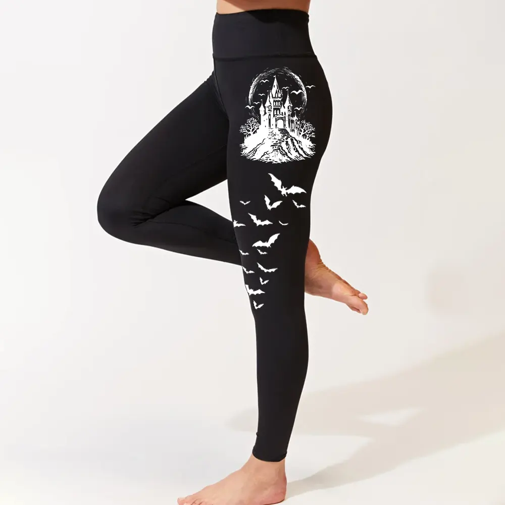 LEGGING0063 Haunted House Halloween Legging Halloween Party Bats Crewneck Spooky Season Legging Vintage Halloween Legging Trendy 1